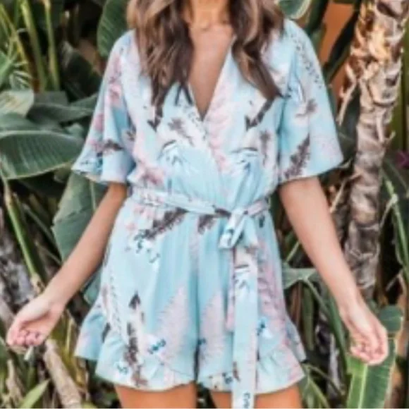 Pink Lily Blue Blush Pink and Blue Floral Romper with Wrap Top - Picture 7 of 9